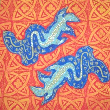 Orange Goanna cushions - linoblock print