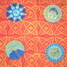 Orange Celestial cushions - linoblock print