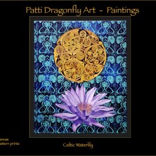 Celtic WaterLily  - acrylic paint on canvas with repeat linoblock print background