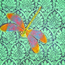 Green/purple Art Nouveau Dragonfly Queensize quilt cover detail - linoblock print