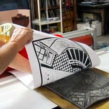 pulling the print from the lino block